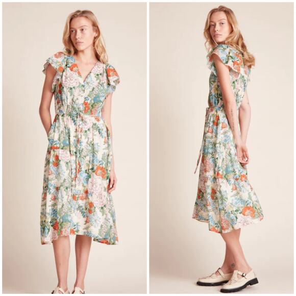 Trovata Birds of Paradis Floral Midi Dress L Ramie Cotton V-Neck Tiered Boho - Picture 1 of 9